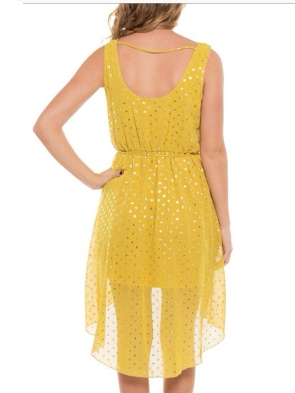 CHIC SUNDRESS Coveted Saffron & Gold Metallic Polka Dot Chiffon High-Low Dress L - Picture 5 of 10